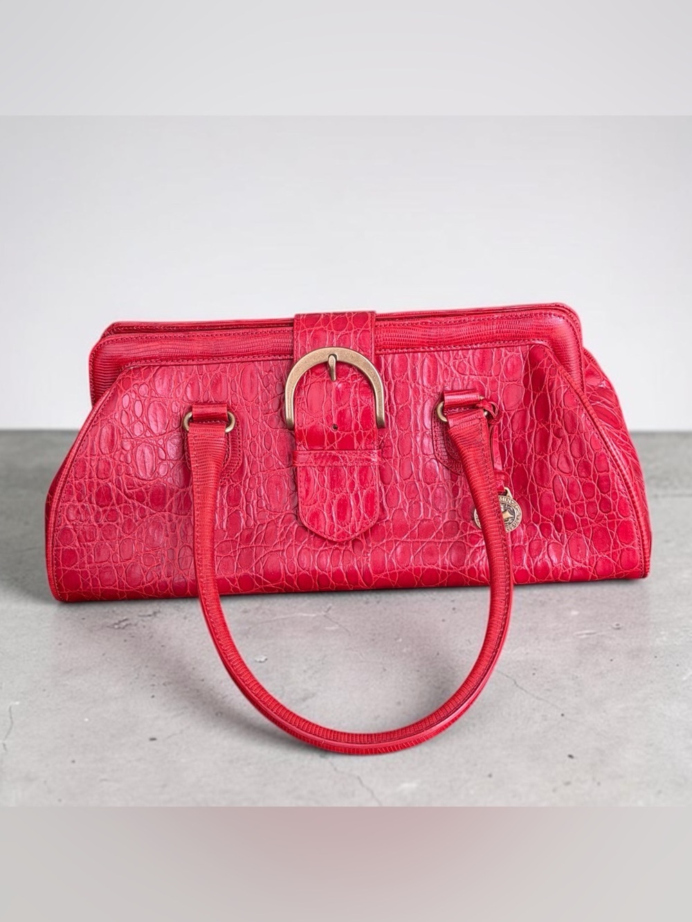 Vintage Brahmin Prissy Collection Vivian Satchel Red Croc Italian Leather Bag - Picture 10 of 15
